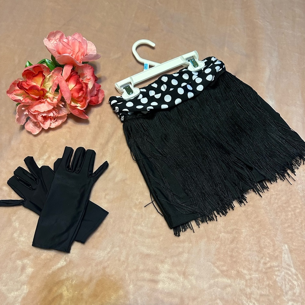 Girls Revolution Black Fringe Polka Dot Waist Skirt costume with Gloves   Size M